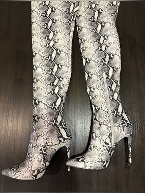 Steve Madden Snake Print Over-the-Knee Stiletto Boots - White/Black